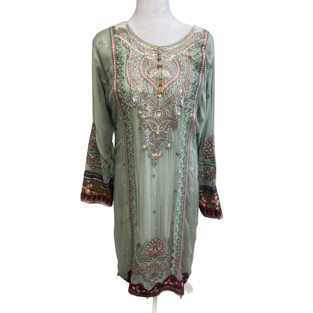 Embroidered Pakistani Kurta Tunic Sage‎ Green Beaded Sequins Sz L Party Modest